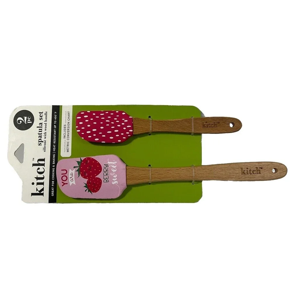 Kitch 2 PC Strawberry Silicone Spatula Set Wooden Handle Metric Conversion Chart